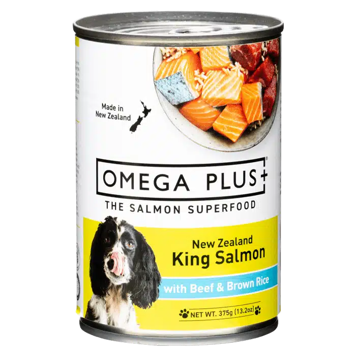 omega plus king salmon beef dog can 375g