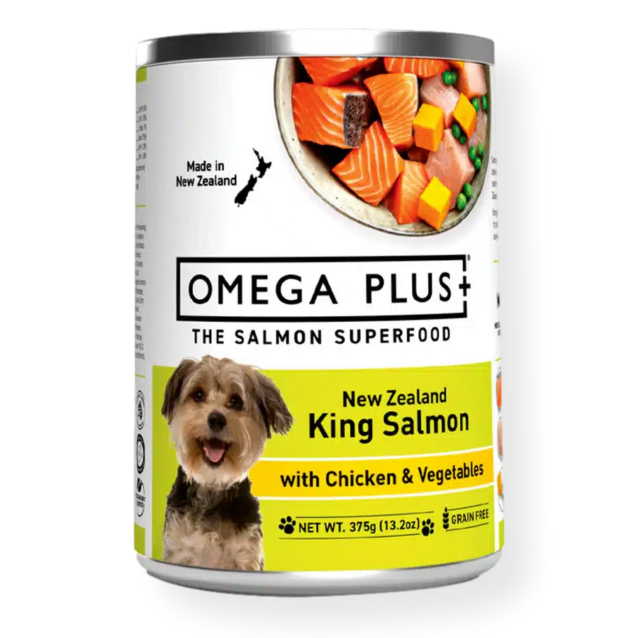 omega plus king salmon & chicken dog can 375g
