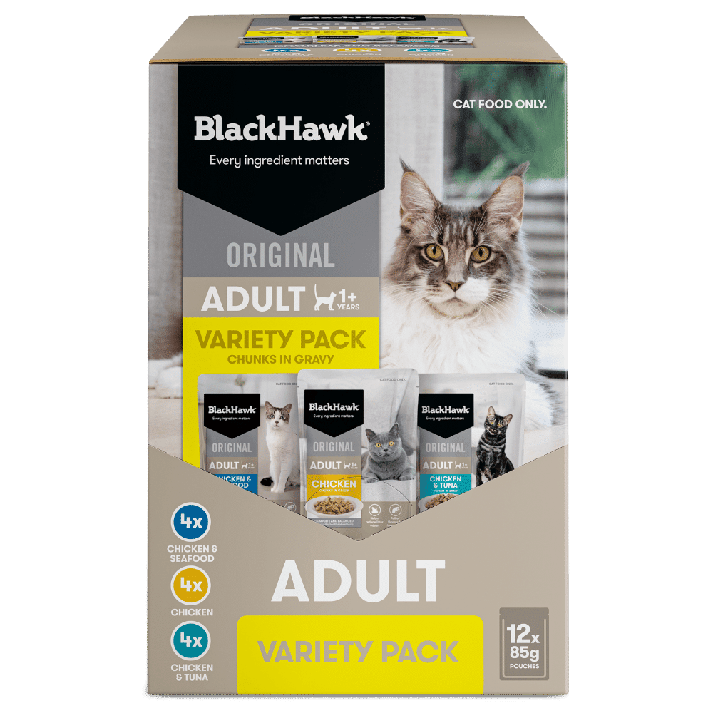 black hawk original cat variety pouches in gravy (12 x 85g) Chicken seafood tuna