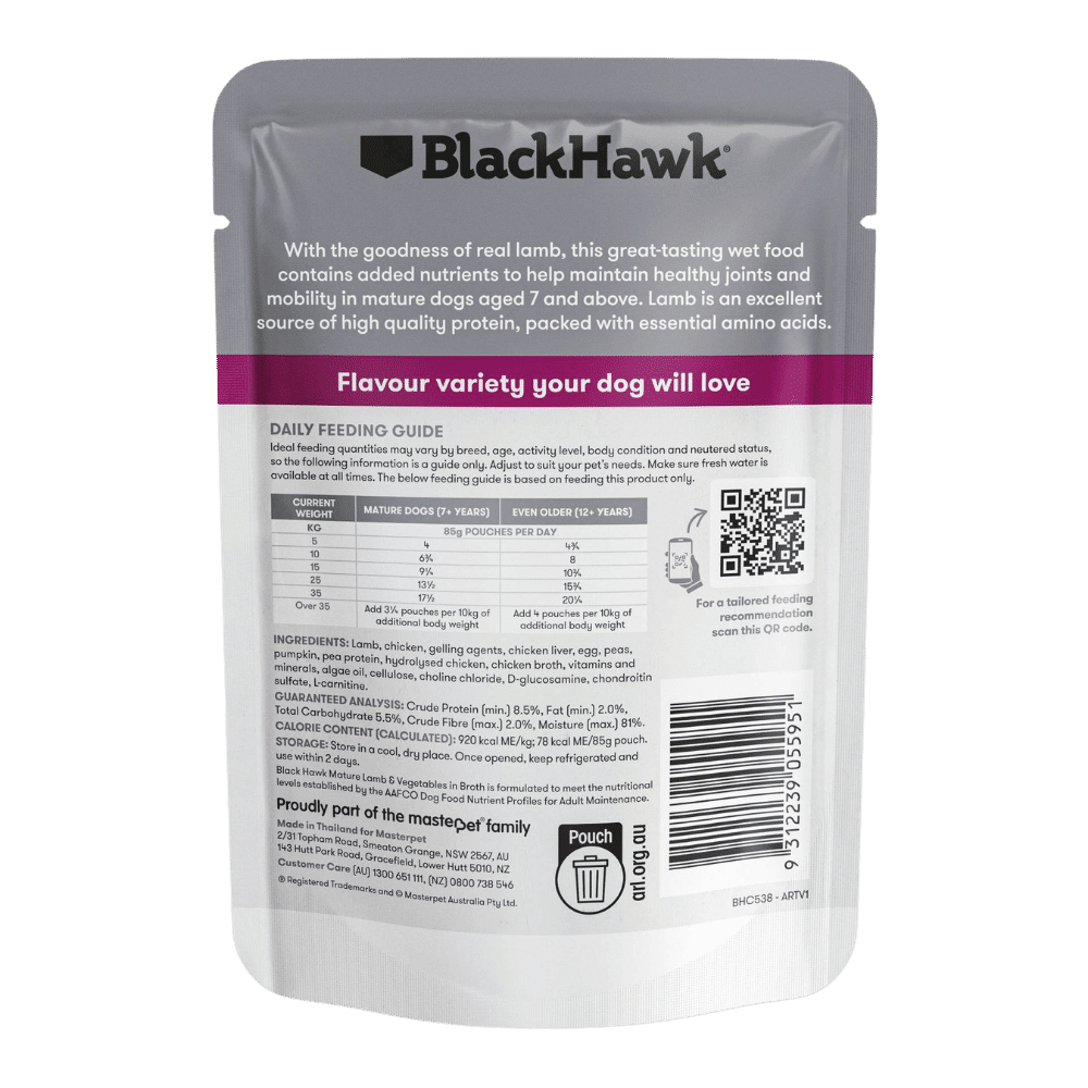 black-hawk-mature-dog-lamb-and-vegetables-85g-12-pack-back black hawk mature 7+ lamb and vegetables wet dog food pouch 85g x 12