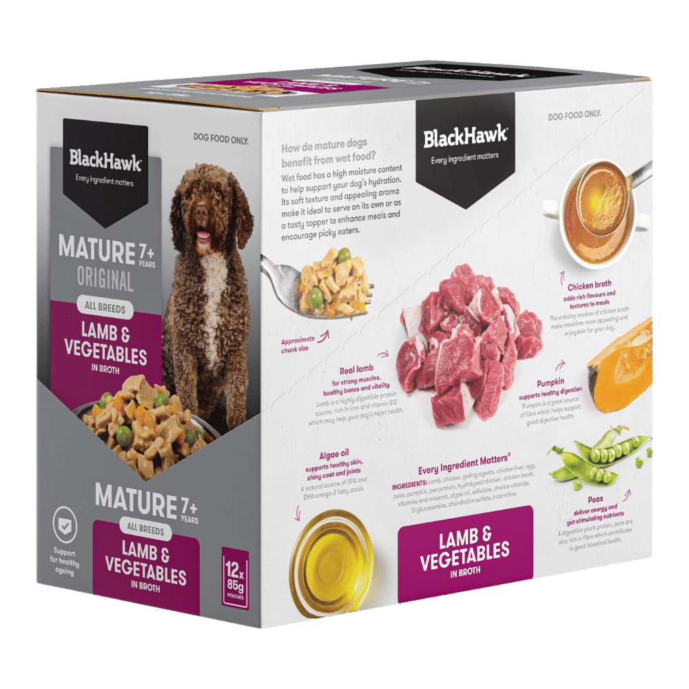 black-hawk-mature-dog-lamb-and-vegetables-85g-12-pack black hawk mature 7+ lamb and vegetables wet dog food pouch 85g x 12