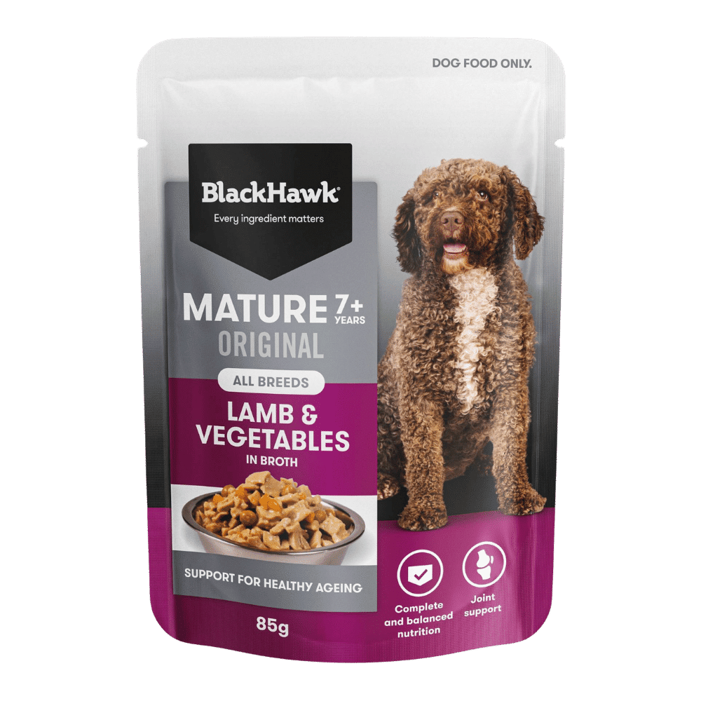 black hawk mature 7+ lamb and vegetables wet dog food pouch 85g x 12