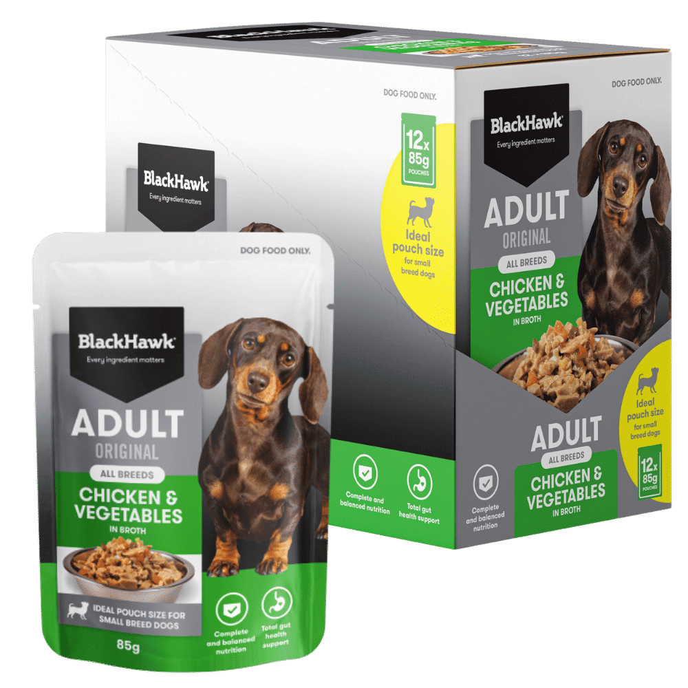 black hawk adult original chicken and vegetables wet dog food pouch 85g x 12