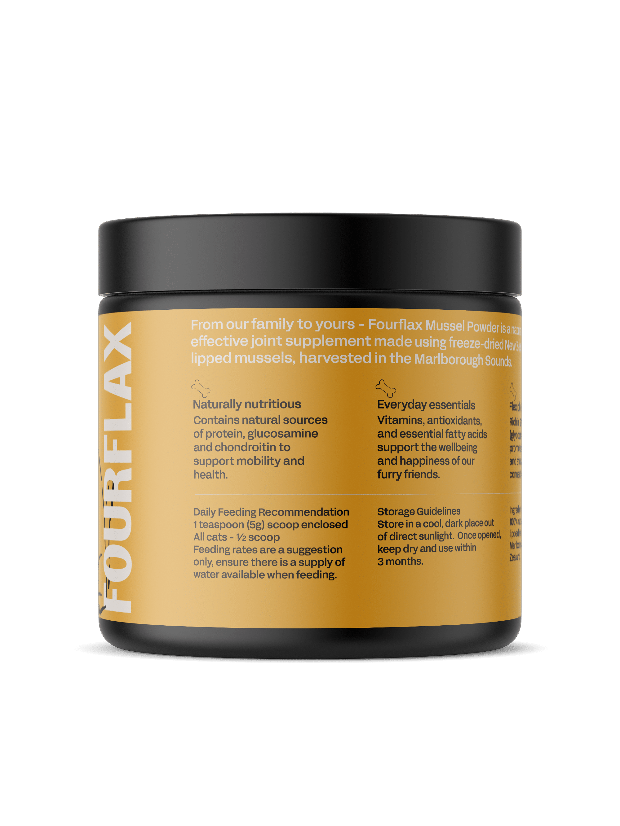 feline-movement-musselpowder-150g-FFFMP150-right1 fourflax feline mussel powder 150g