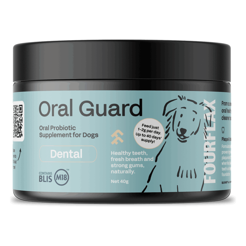 Fourflax Canine Oral Guard oral probiotic dental supplement for dogs 40g pot