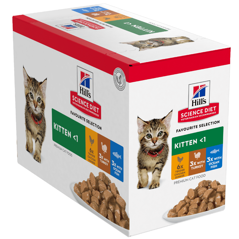 hill’s science diet kitten variety 12 pack (6 chicken, 3 turkey, 3 ocean fish) cat food pouches 12 x 85g