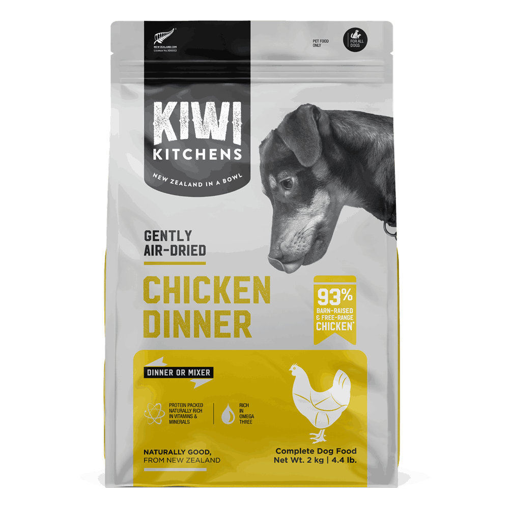 Kiwi Kitchens Gently Air-Dried Chicken Dinner Dog Food 2kg bag, front of pack