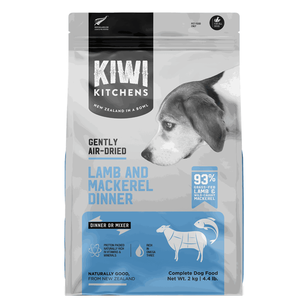 Kiwi Kitchens Gently Air-Dried Lamb and Mackerel Dinner Dog Food 2kg bag, front of pack