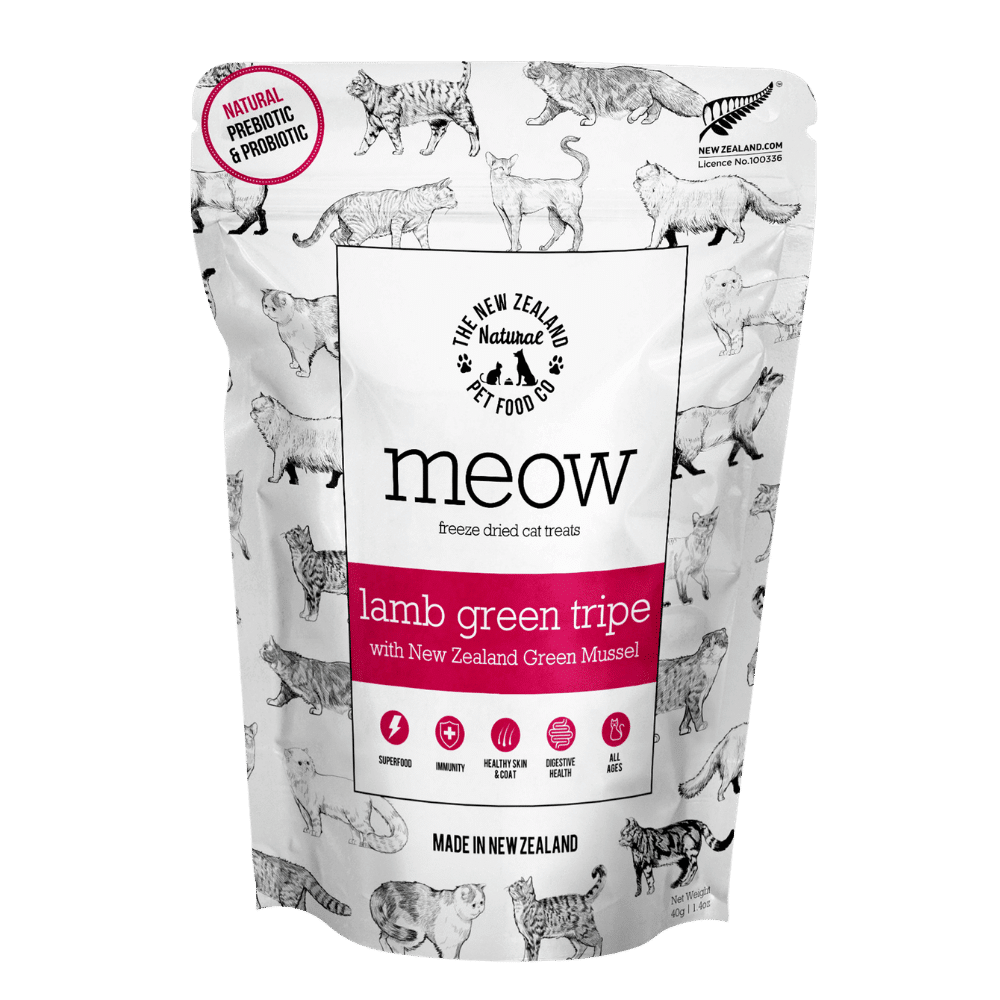 meow freeze dried cat treats lamb green tripe & nz green mussel 40g