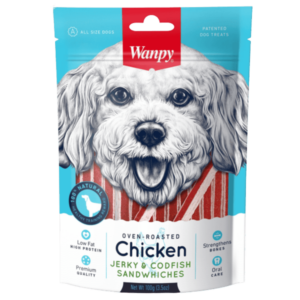 wanpy dog chicken jerky & codfish sandwiches 100g