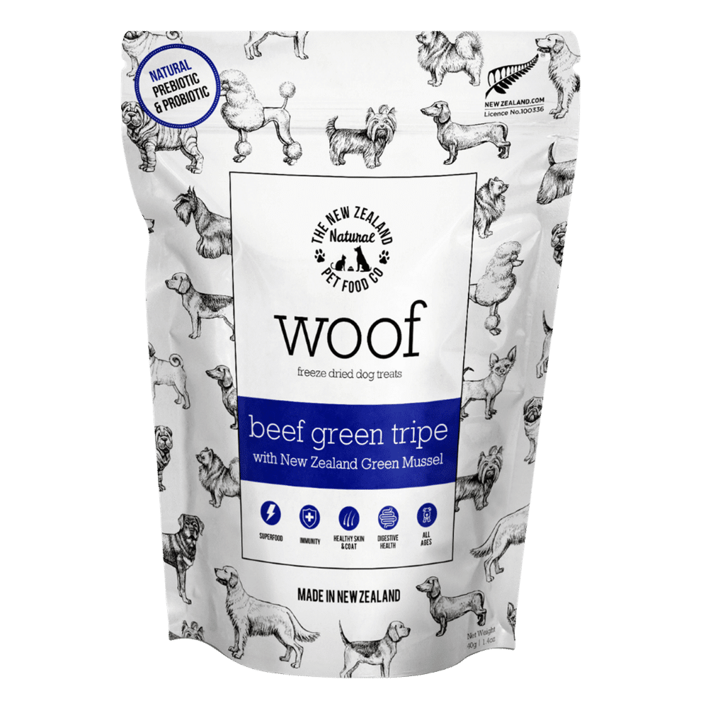 woof freeze dried dog treats beef green tripe & nz green lipped mussel 40g