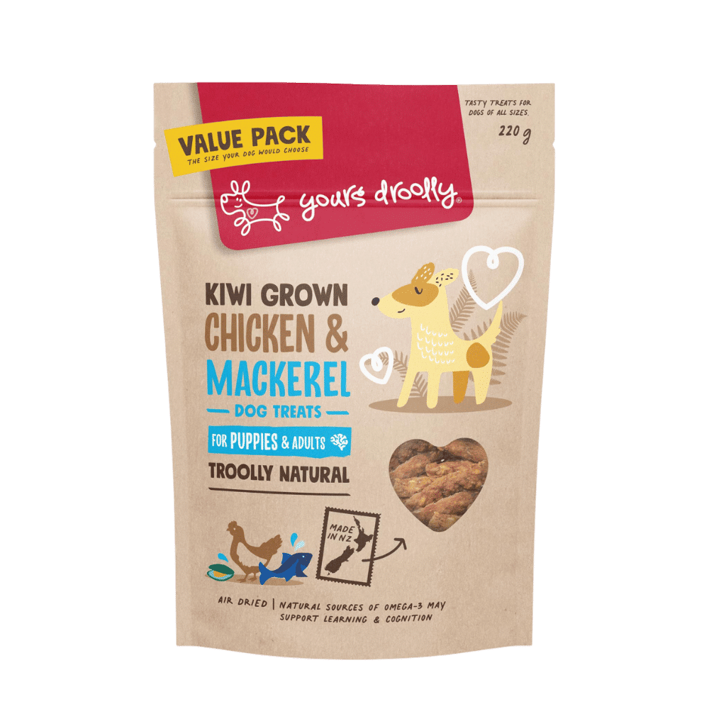 yours-droolly-chicken-and-mackerel-dog-treats-220g yours droolly kiwi grown chicken and mackerel dog treats