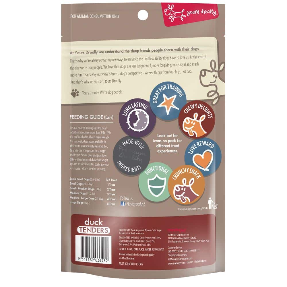 yours-droolly-duck-tenders-dog-treats-info-png yours droolly duck tender dog treats 90g and 450g